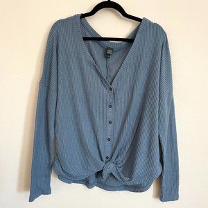 Soft Waffle Long Sleeve Button Down - Dusty Blue